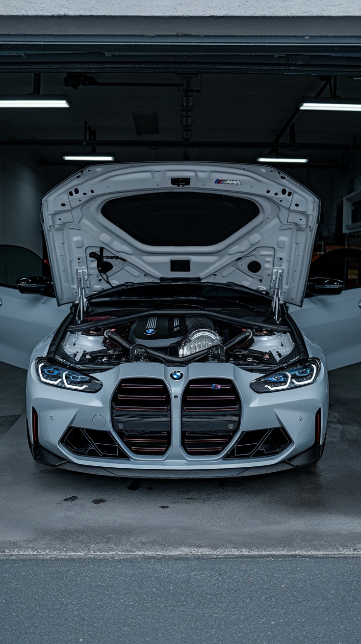 Front view of a BMW M4 G82 with the hood open, showcasing the engine and high-performance exhaust.