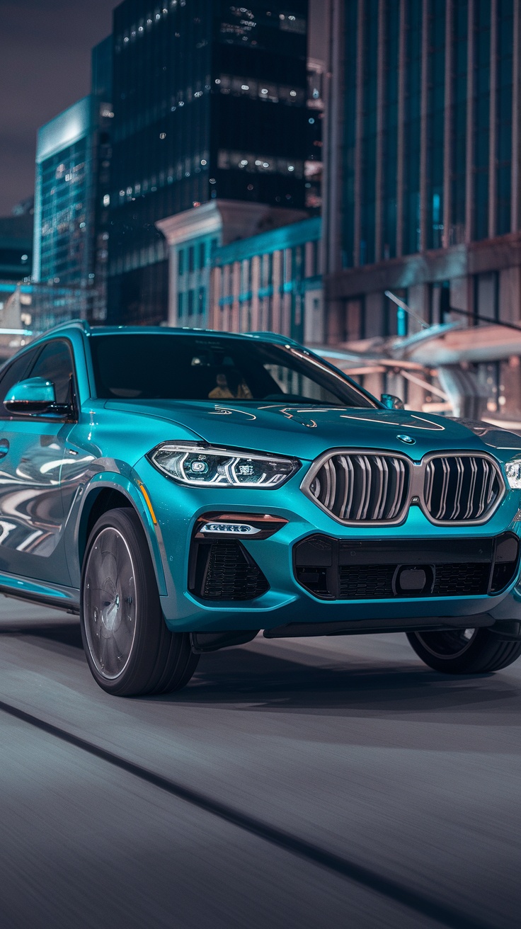 A sleek BMW X6 parked in an urban setting at night.