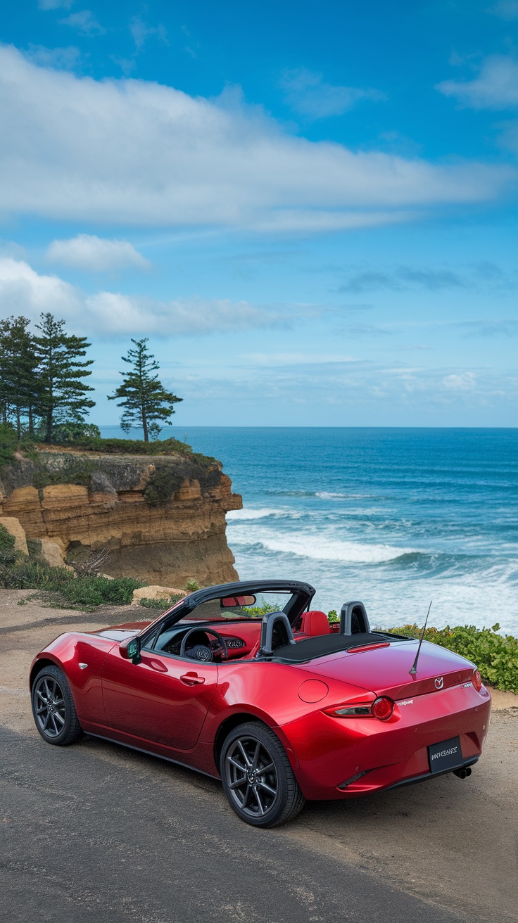 A red Mazda Mx-5 Miata parked by the ocean with a vibrant blue sky.