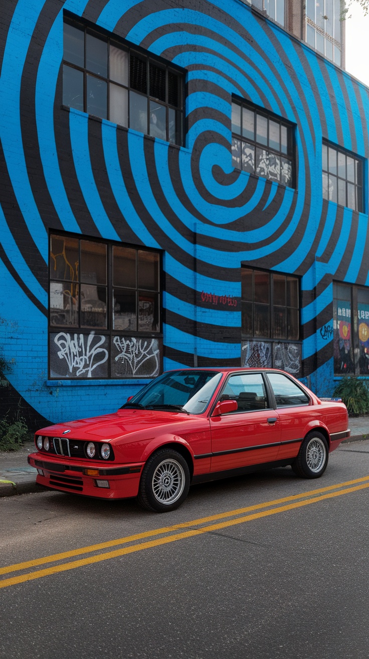 BMW E30 318Is parked in front of a colorful mural