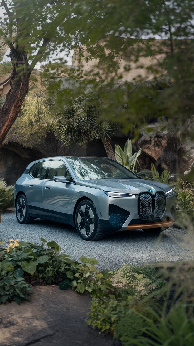 A BMW i4 car parked in a lush green setting