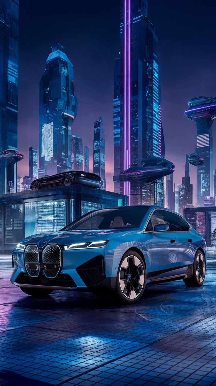 BMW I4 in a futuristic cityscape