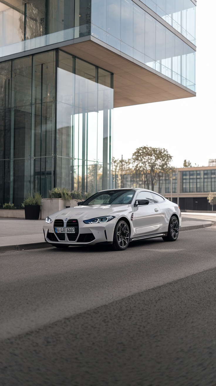 BMW M4 G82 in Alpine White parked near a modern building