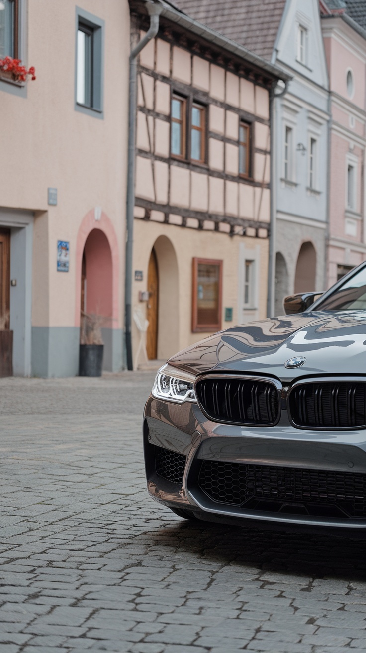 BMW M5 parked in a scenic location with charming houses in the background.