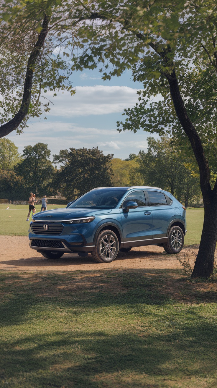 A Honda HR-V parked in a park, surrounded by trees and a grassy area.