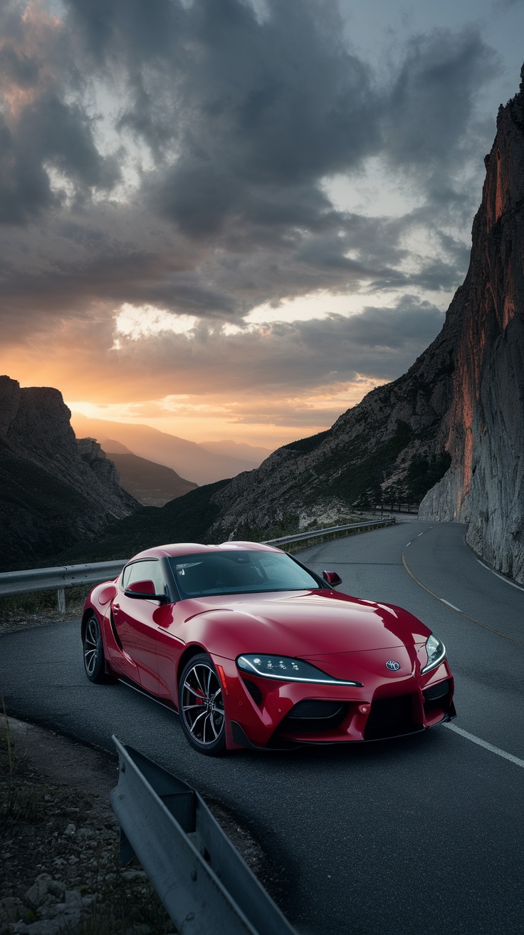 A red Toyota Supra parked on a winding road with mountains and cloudy sky in the background.