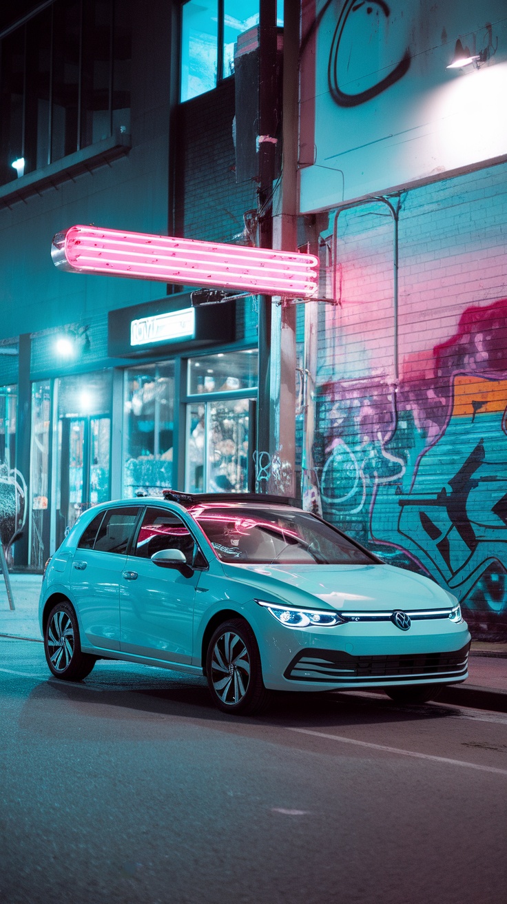 Volkswagen Golf parked at night with neon lights and graffiti in the background.