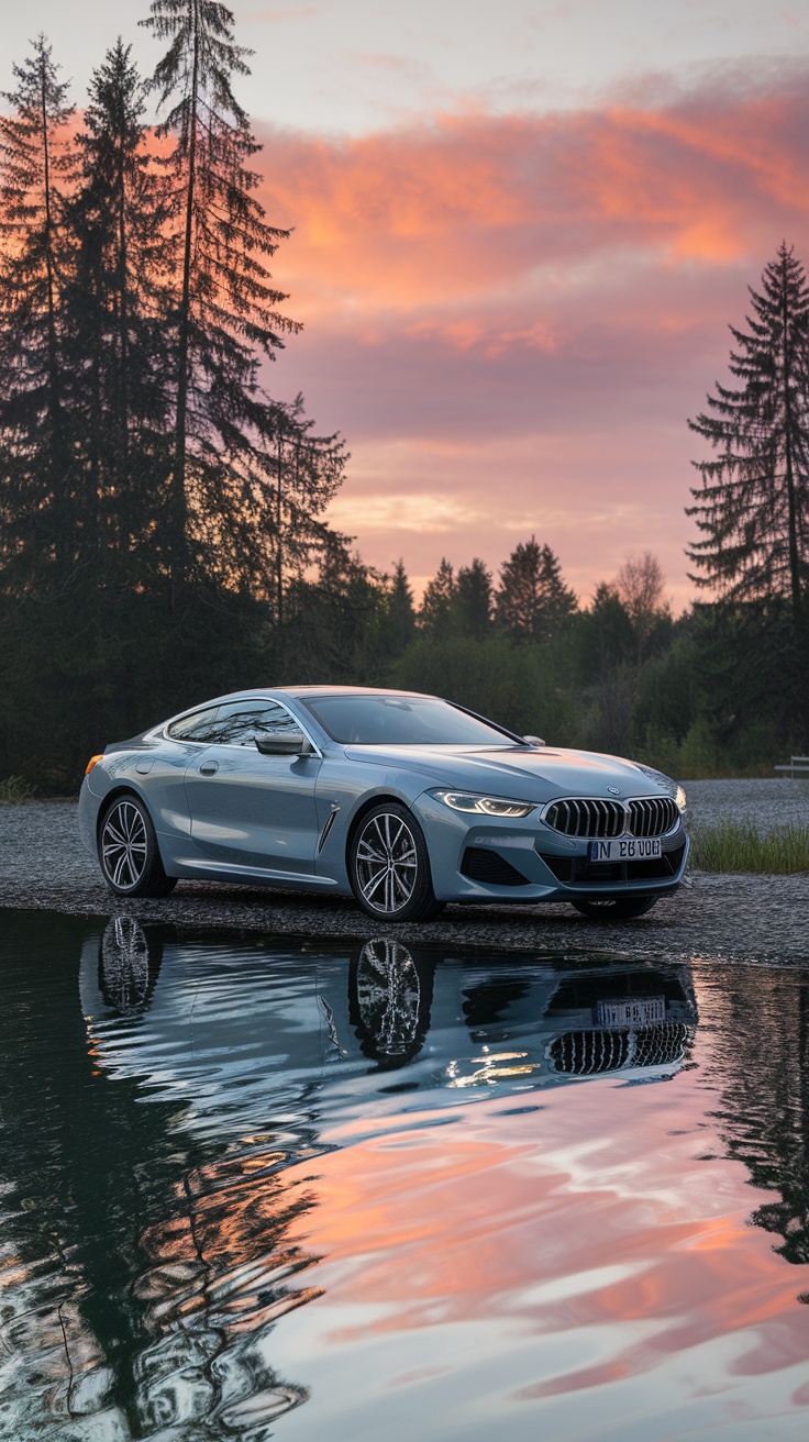 BMW 8 Series parked by a reflection in the water during sunset
