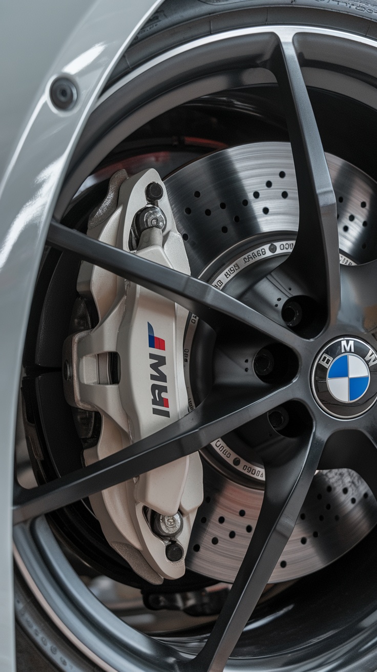 Close-up of BMW M5 F90 brake system showcasing the brake caliper and wheel design.