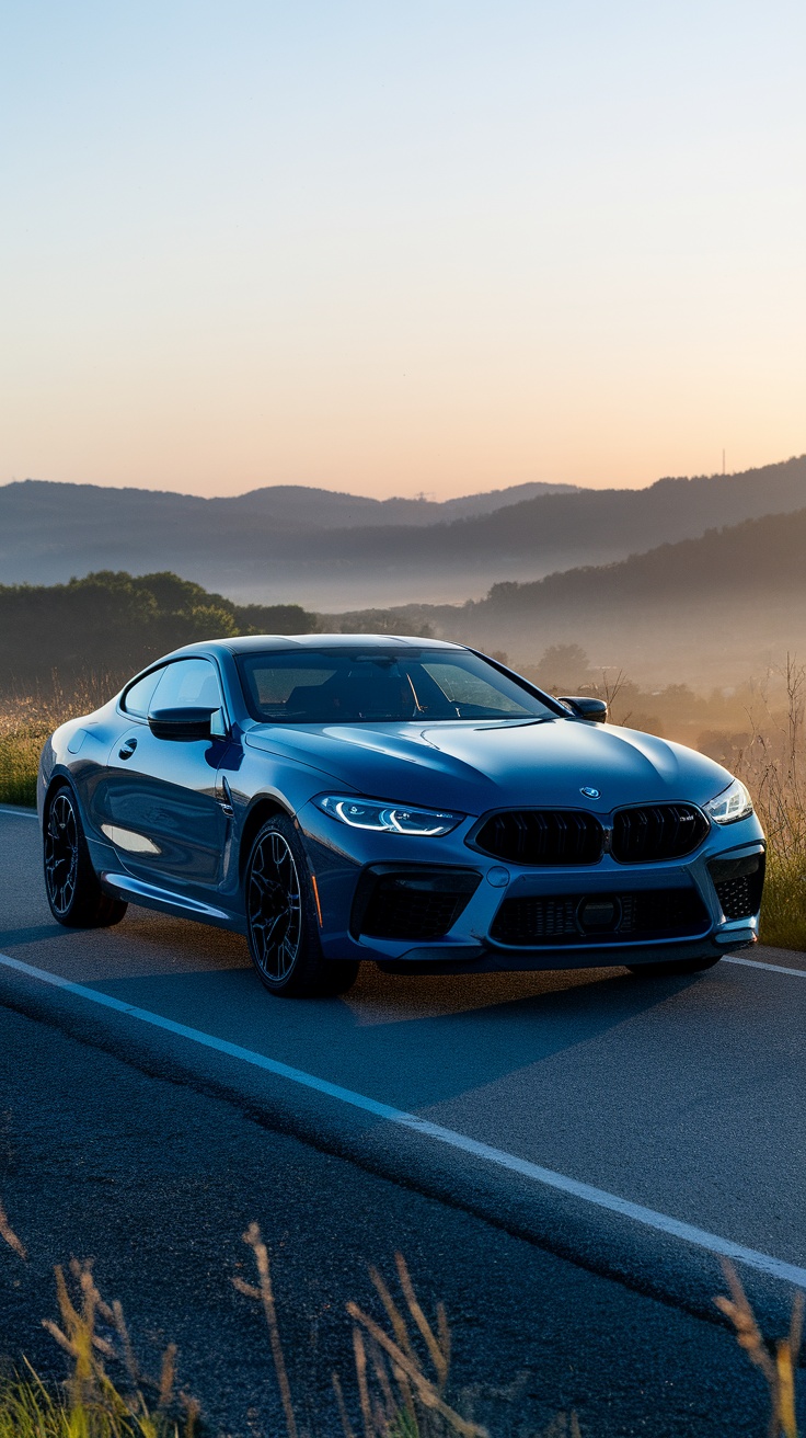 A BMW M8 parked on a scenic road during sunrise