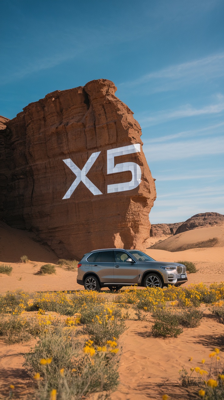 BMW X5 car in a desert setting with a large rock displaying the number X5