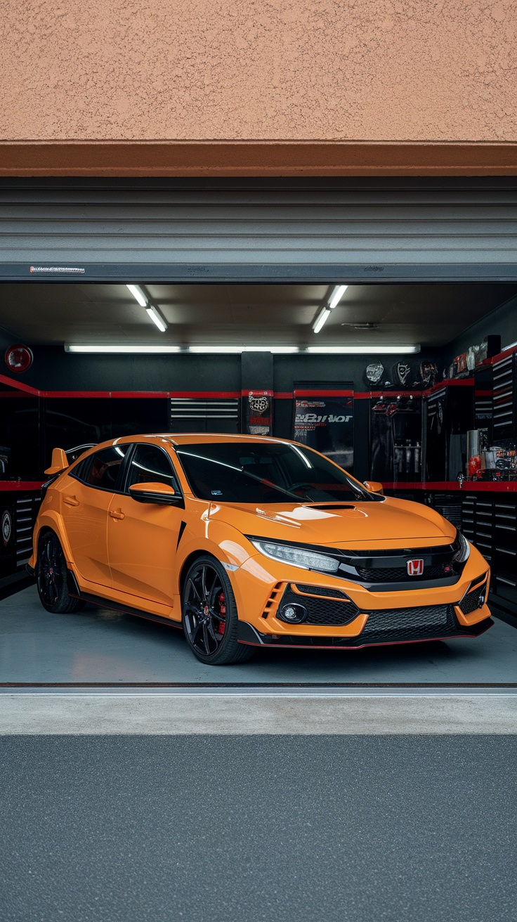 Honda Civic Type R in a garage, showcasing its vibrant orange color and sporty design.