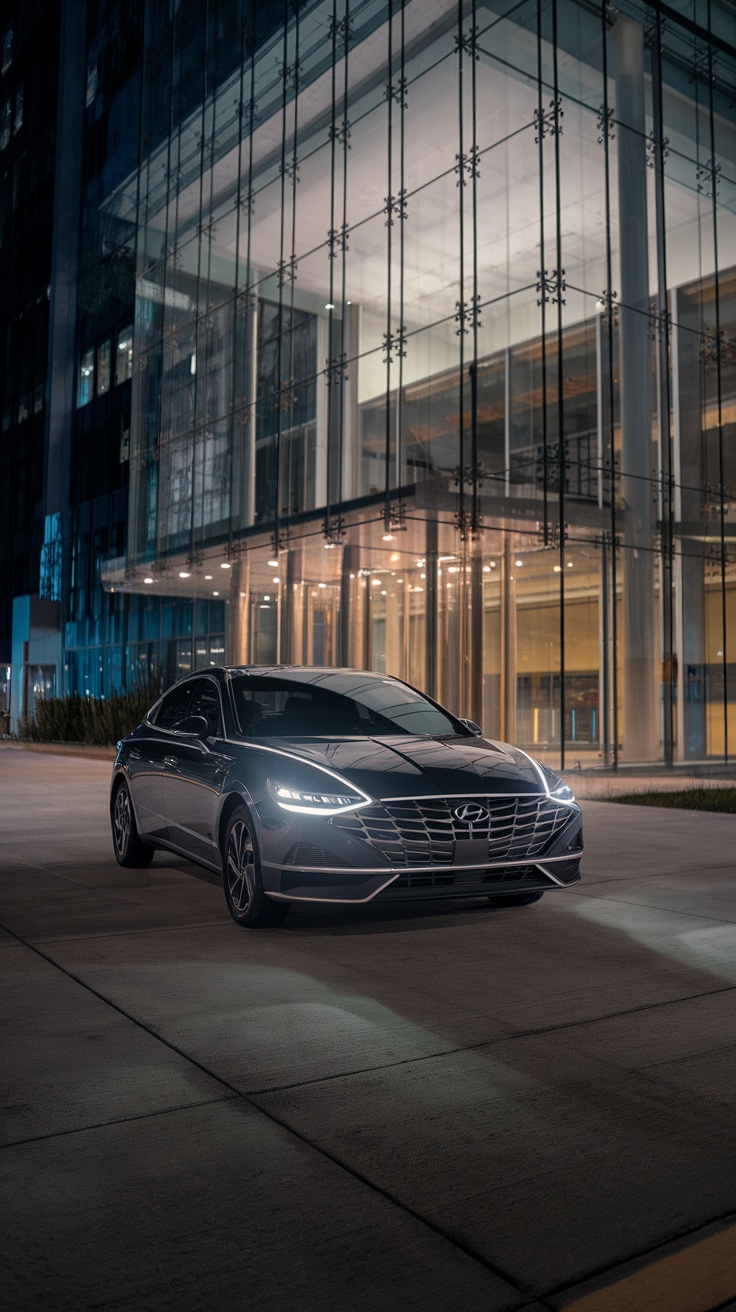 Hyundai Sonata parked at night outside a modern building with city lights.