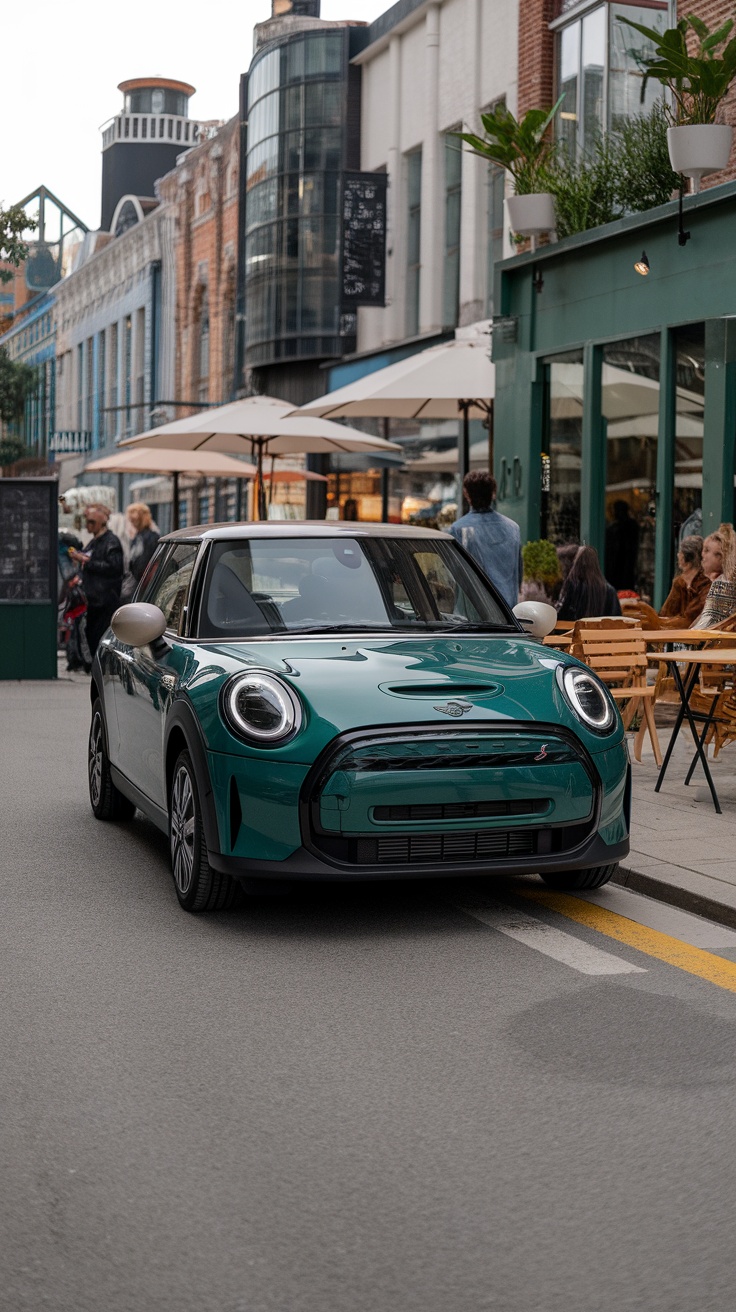 A green Mini Cooper parked in a city street with outdoor seating in the background.