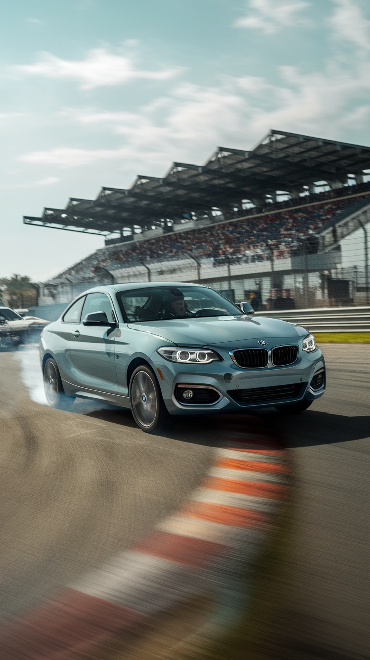 A BMW 2 Series drifting on a racetrack with spectators in the background.