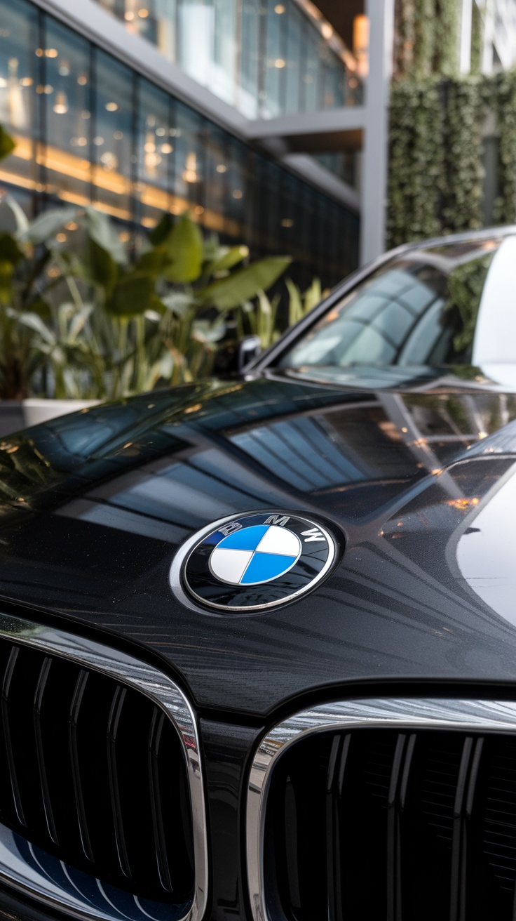 Close-up of the BMW logo on a black BMW car.