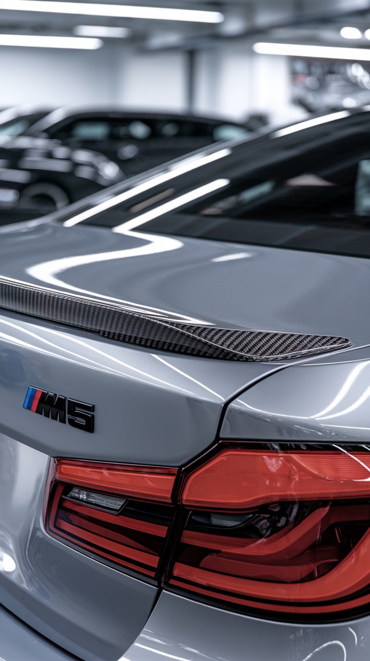 Close-up of the carbon fiber spoiler on a BMW M5 F90 vehicle.