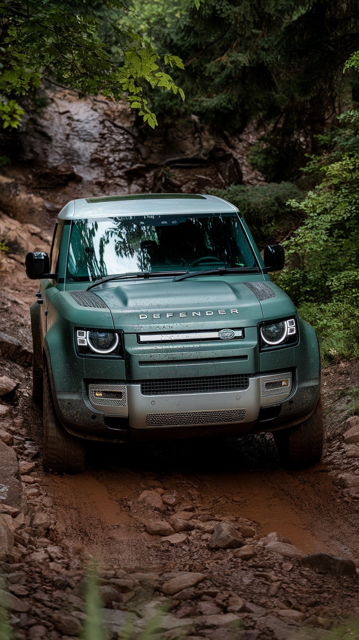 Land Rover Defender driving through rocky terrain surrounded by trees.