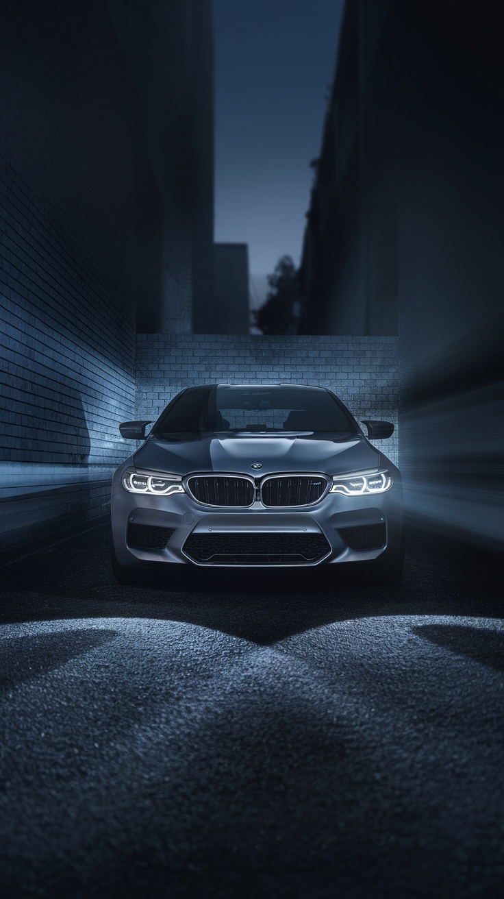BMW M5 f90 with LED headlights in a dramatic setting