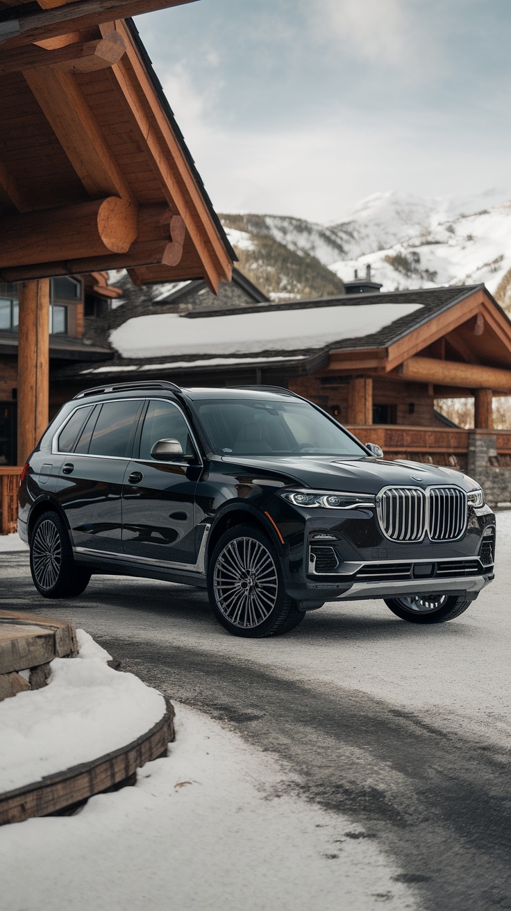 A black BMW X7 parked in a snowy landscape, showcasing its luxurious design.