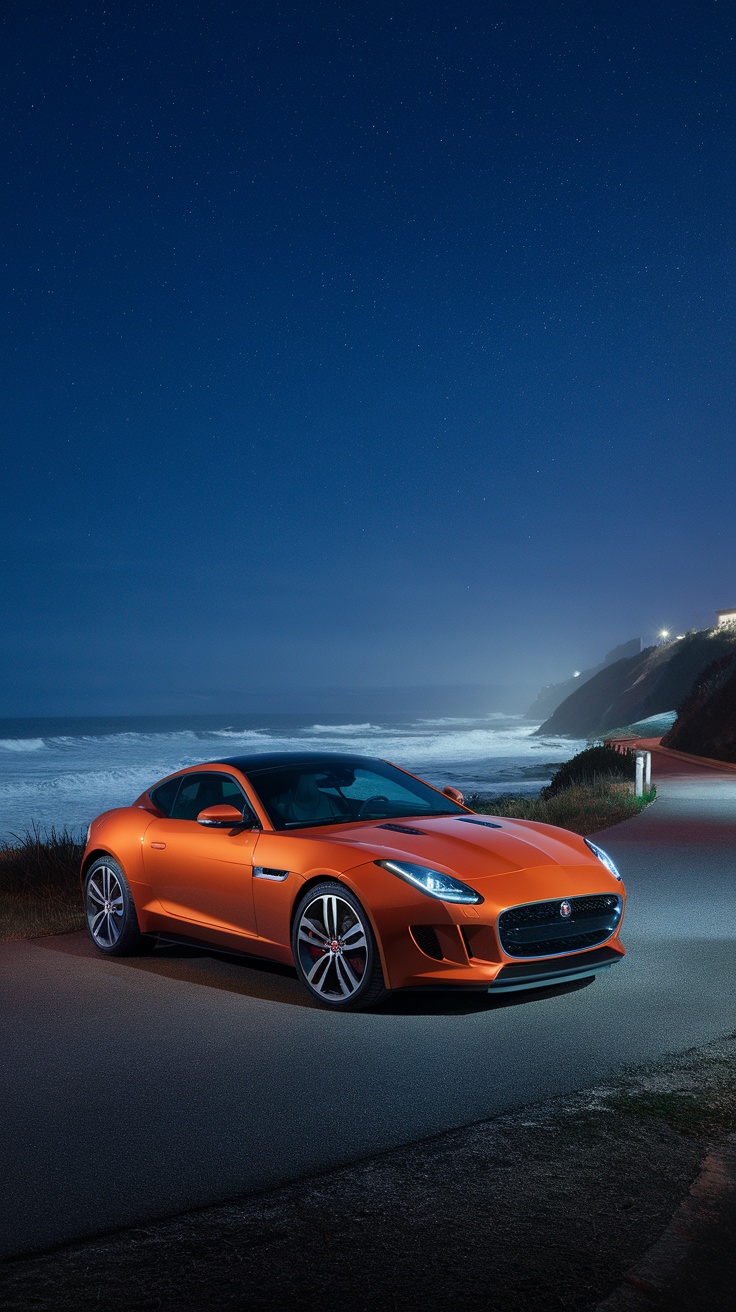 Jaguar F-Type parked on a coastal road at night with ocean waves in the background.