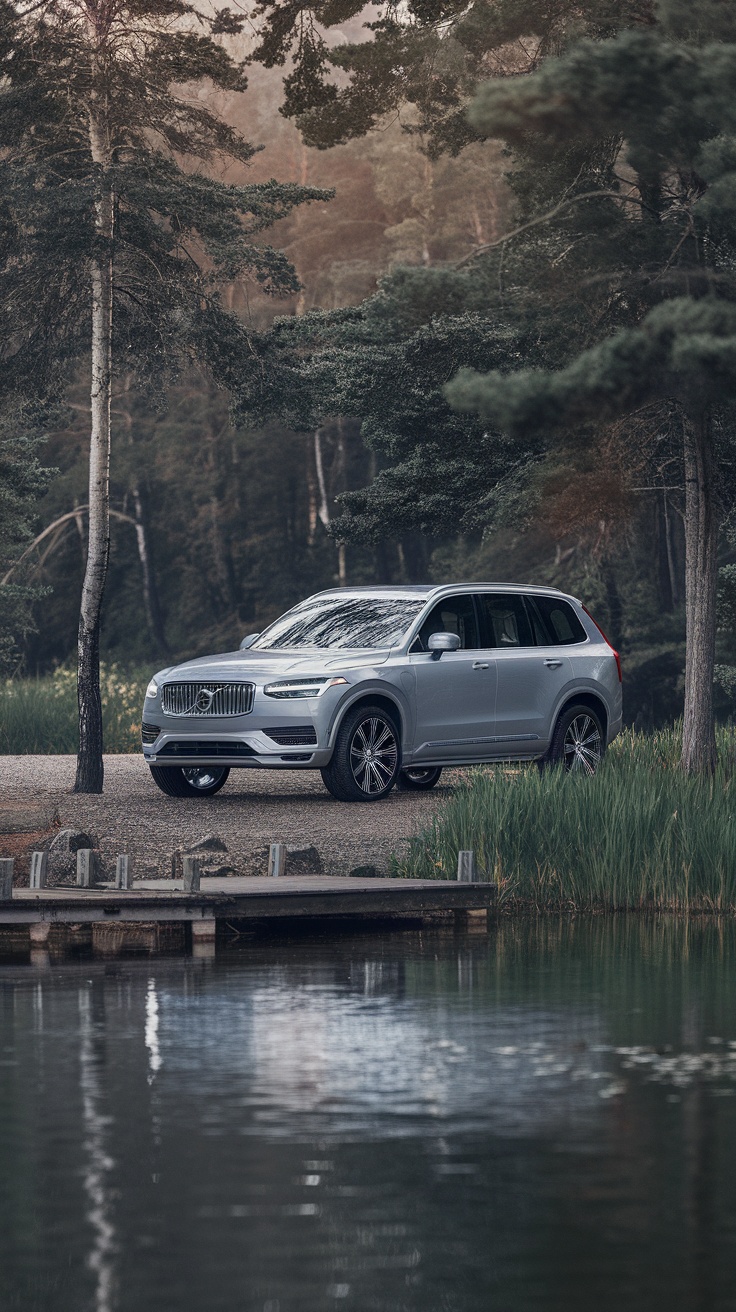 Volvo XC90 parked near a serene lake and trees.