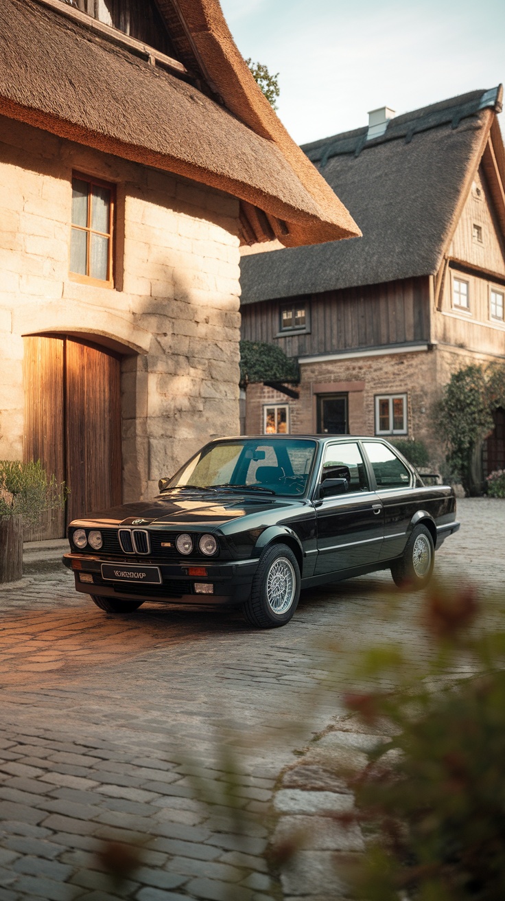 BMW E30 320Is parked in front of traditional houses