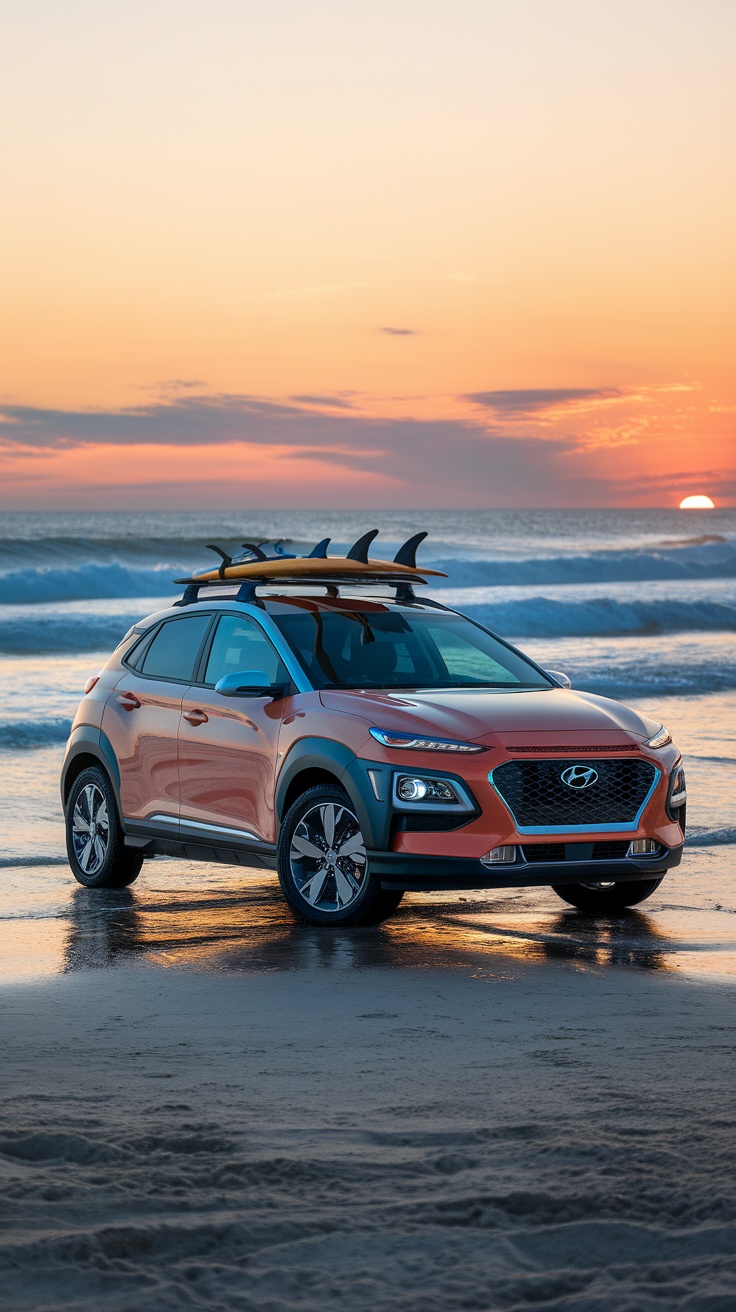 Hyundai Kona parked on the beach at sunset with surfboards on the roof