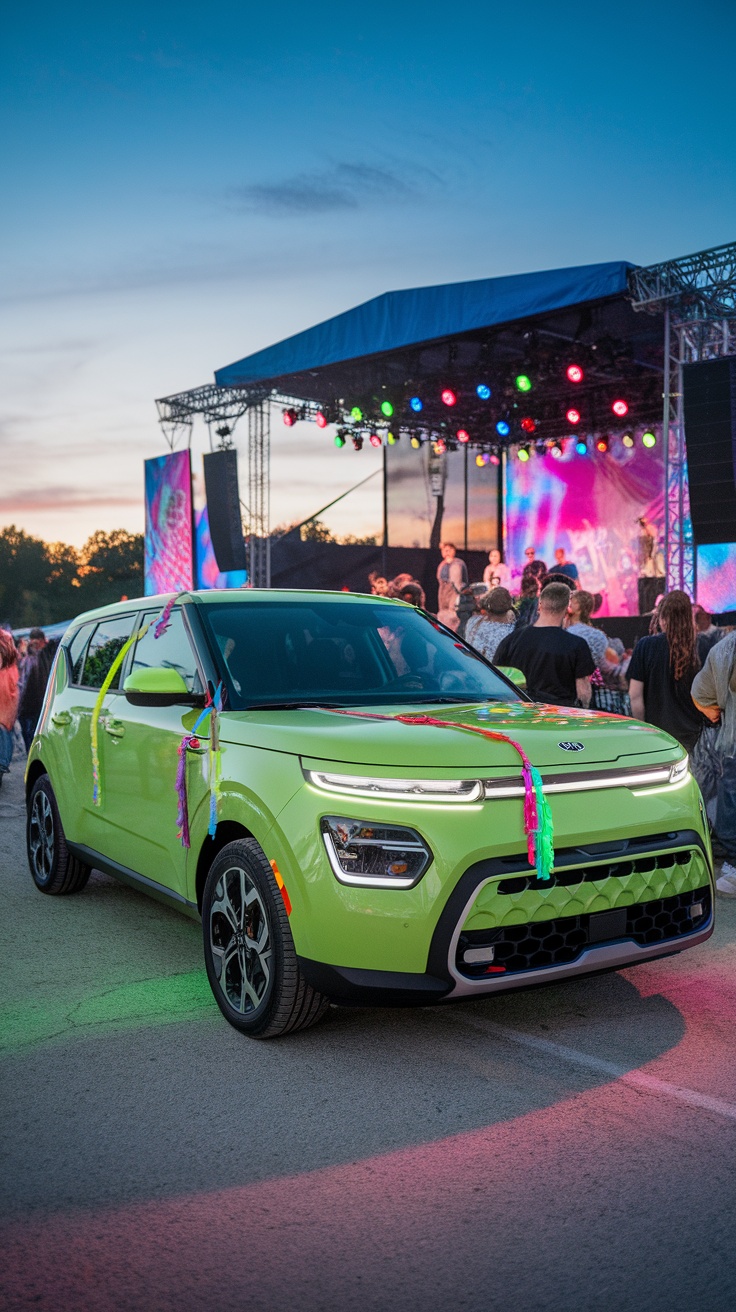A bright green Kia Soul parked at a music event, adorned with colorful decorations.