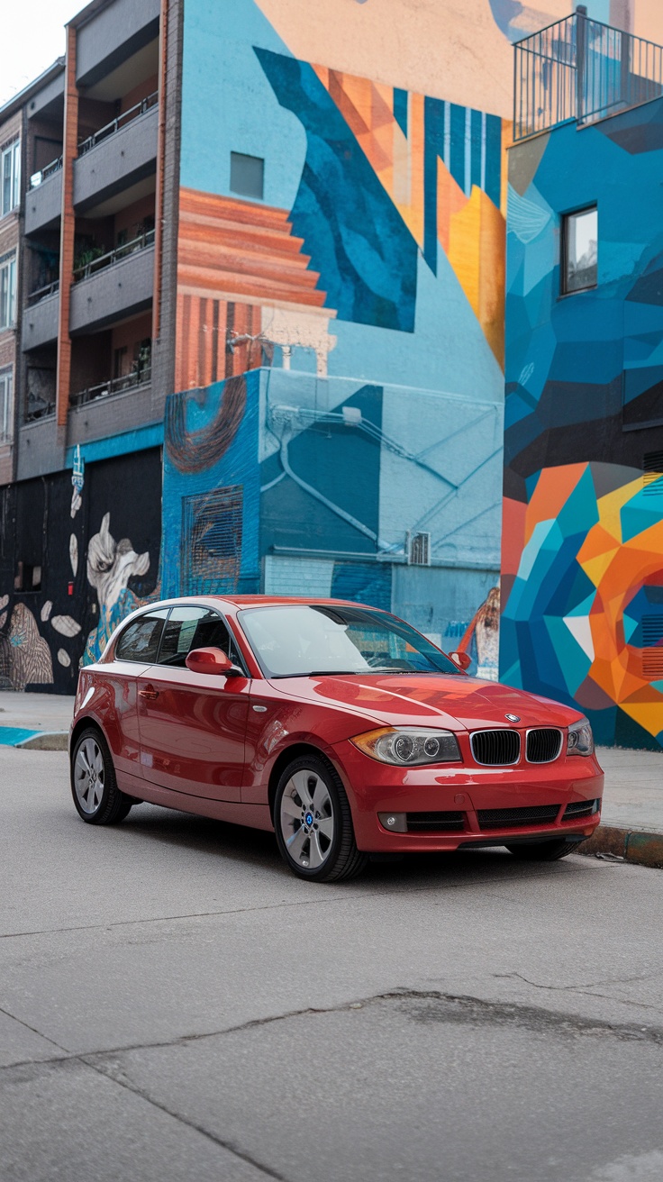 A red BMW 1 Series parked in front of a colorful mural