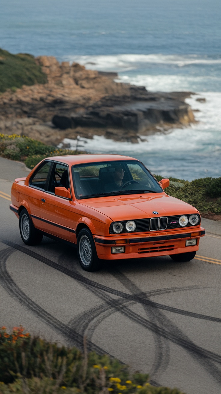 A BMW E30 325Is Sport driving along a coastal road with ocean views.