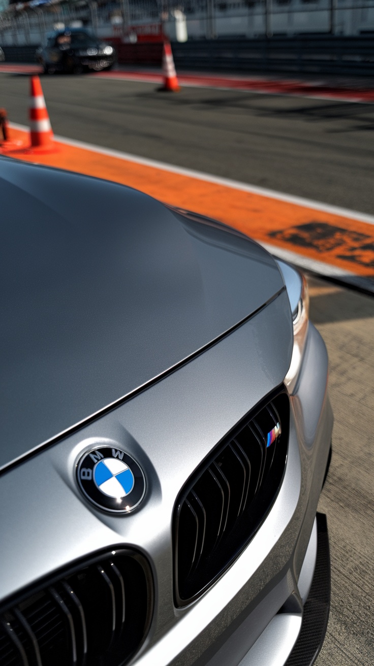 Close-up of a BMW M4 showing the BMW logo and grill