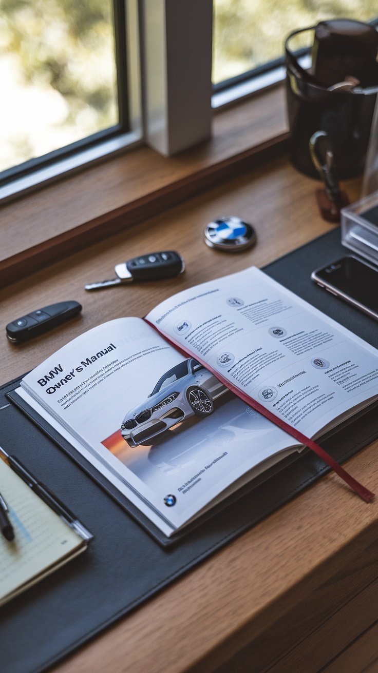 BMW M5 F90 owner's manual on a wooden desk with keys and a smartphone.