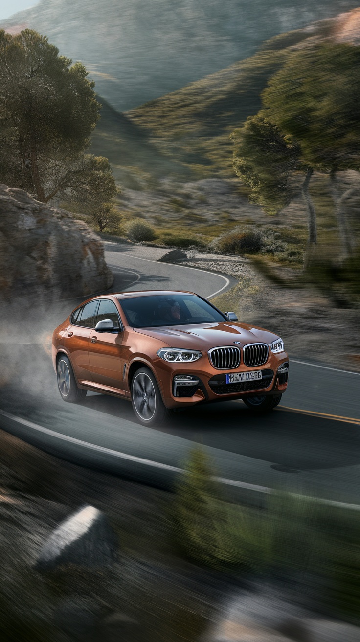 A BMW X4 driving on a winding road in a scenic landscape