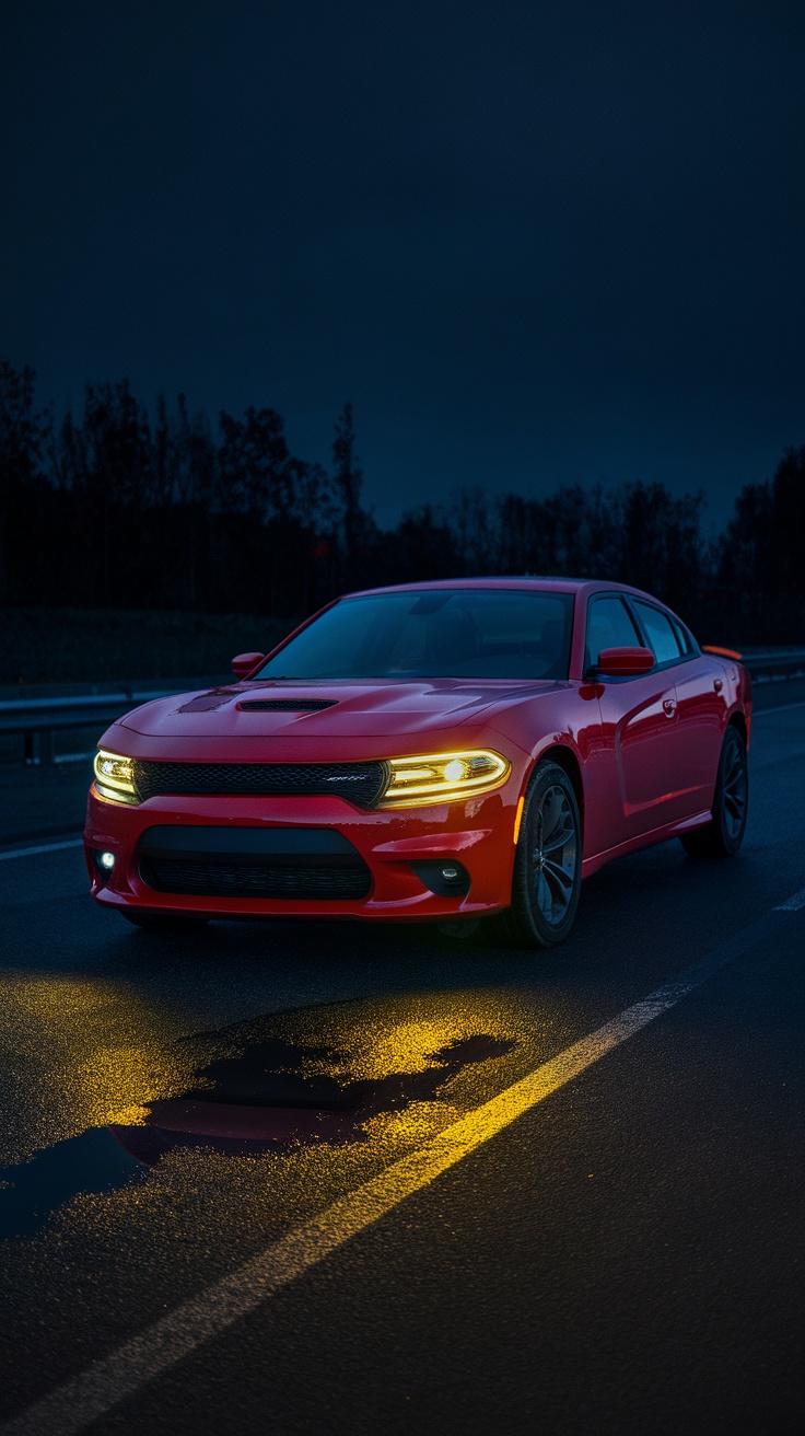 A red Dodge Charger parked on a dark road reflecting night lights