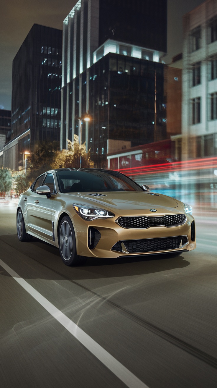 Kia Stinger parked on a city street at night with lights reflecting.