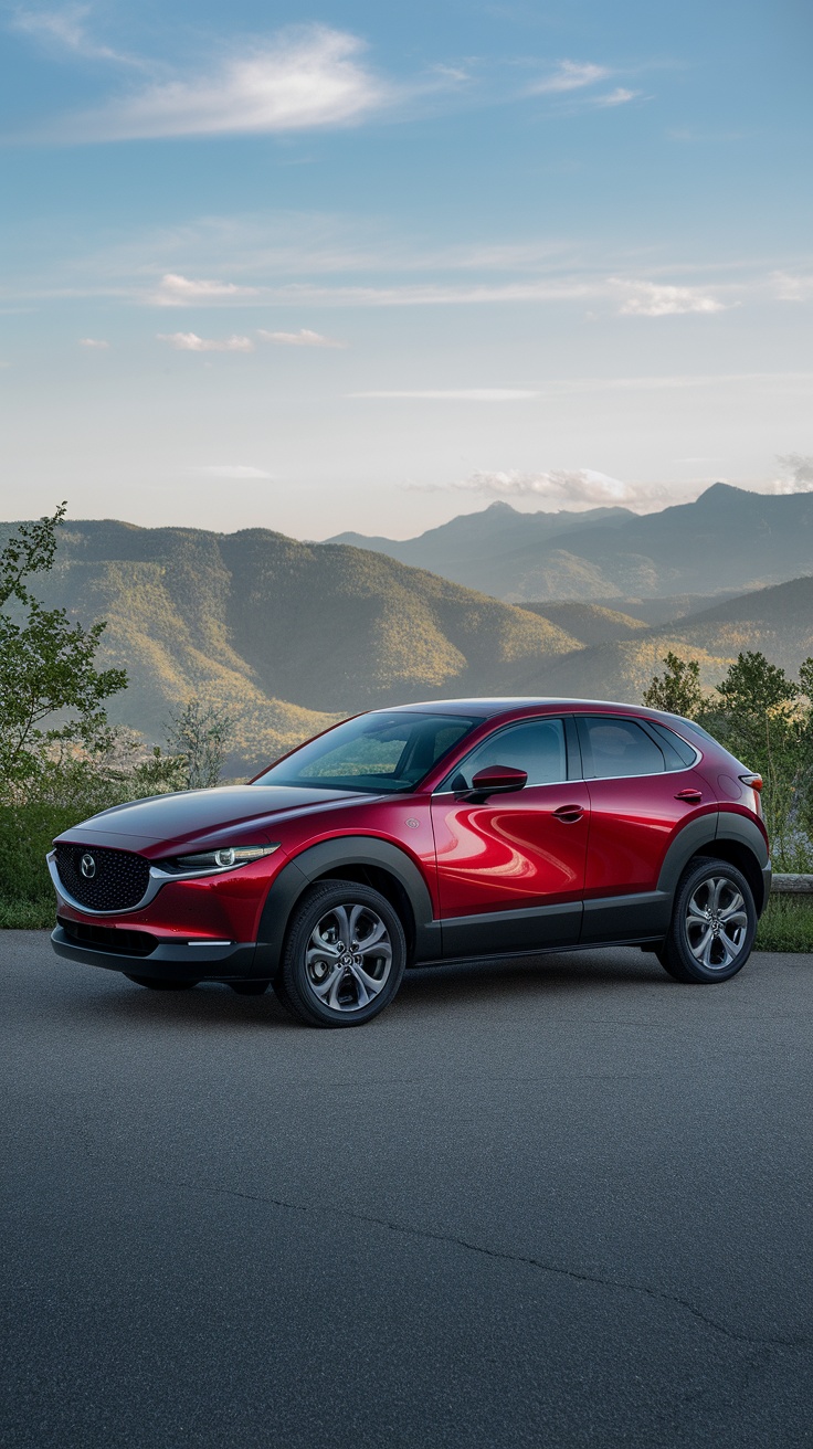 A Mazda CX-30 parked on a road with mountains in the background.