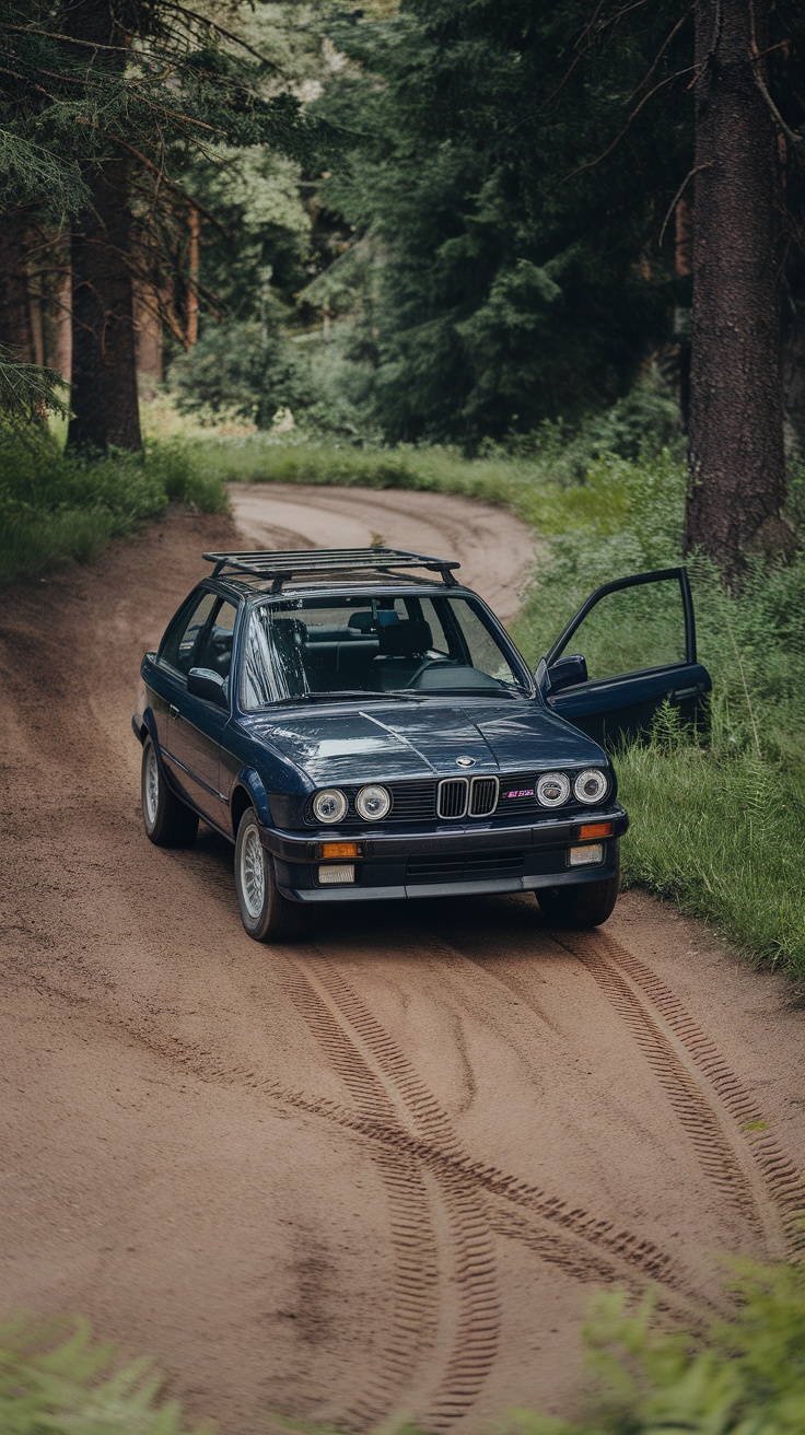BMW E30 325Ix Sport parked on a dirt road surrounded by trees