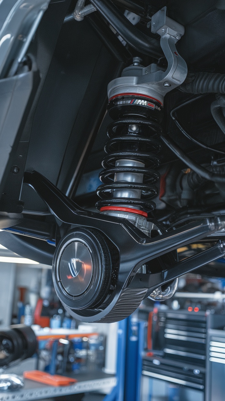 Close-up of BMW M5 f90 adaptive suspension component in a workshop.