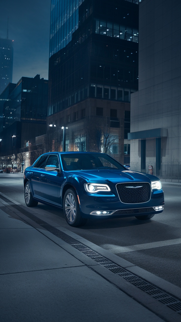 Chrysler 300 parked in a city at night with modern buildings in the background