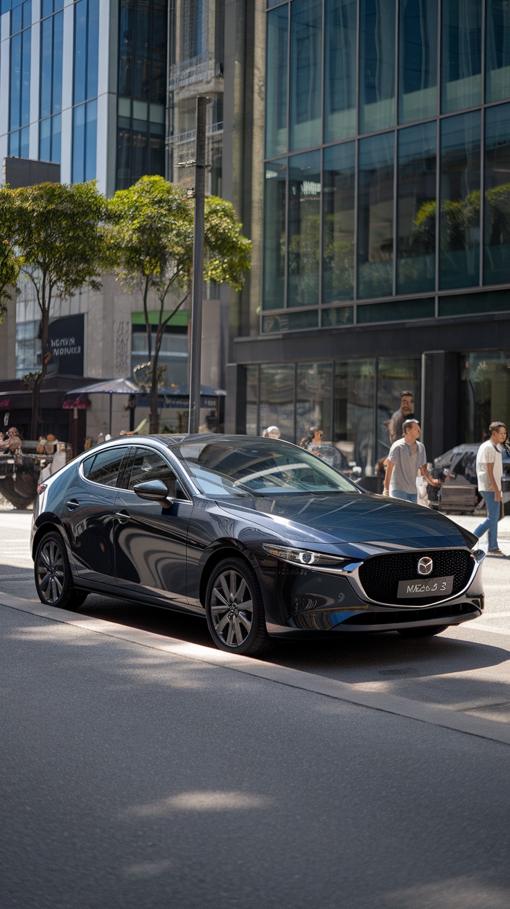 Mazda3 parked on a city street with modern buildings in the background.