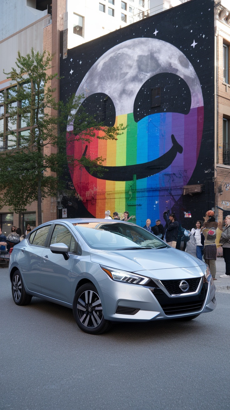 A silver Nissan Versa parked in front of a colorful mural.
