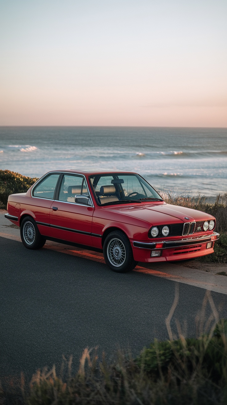 A red BMW E30 325I parked by the ocean.