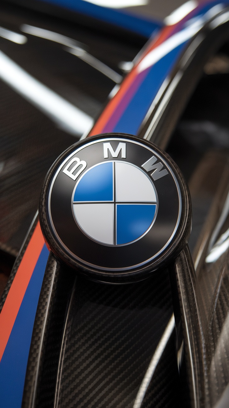 Close-up of the BMW logo on a car with a carbon fiber background.