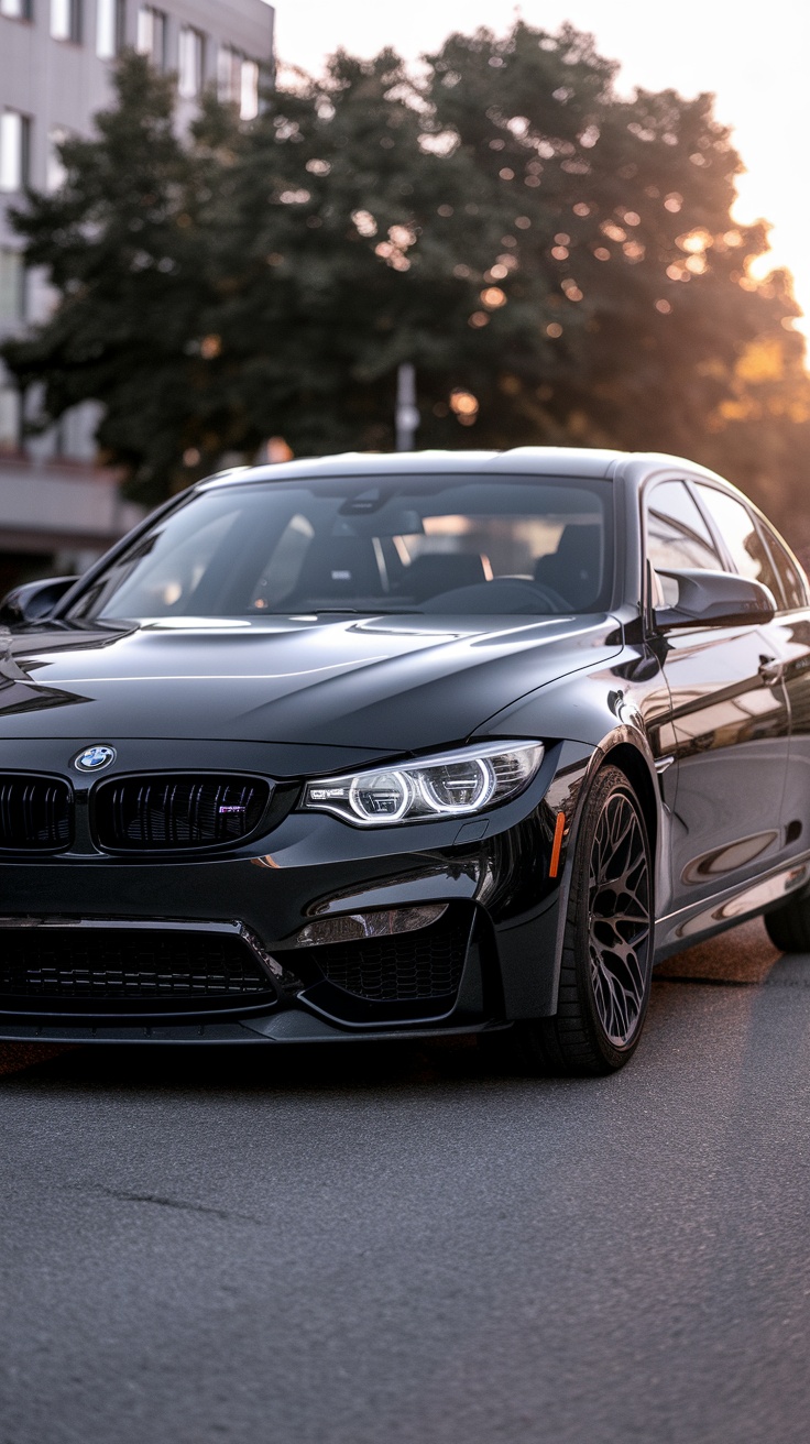 A sleek black BMW M3 parked on the street during sunset