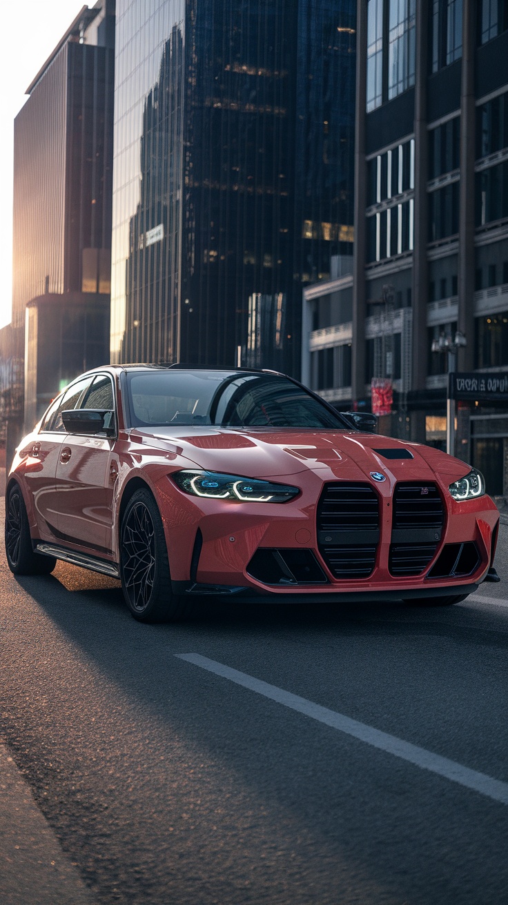 A BMW M3 G80 parked on a city street with tall buildings in the background.