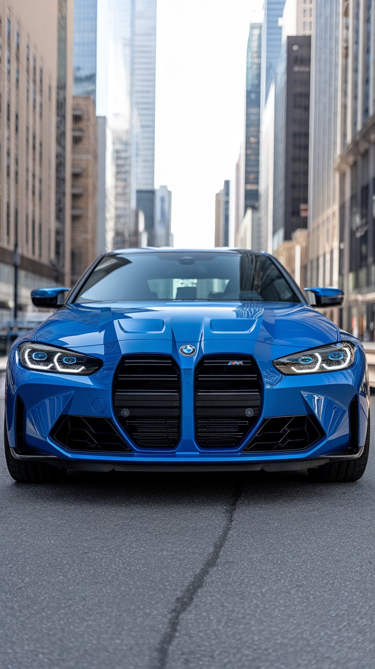 Front view of a blue BMW M4 G82 parked on a city street