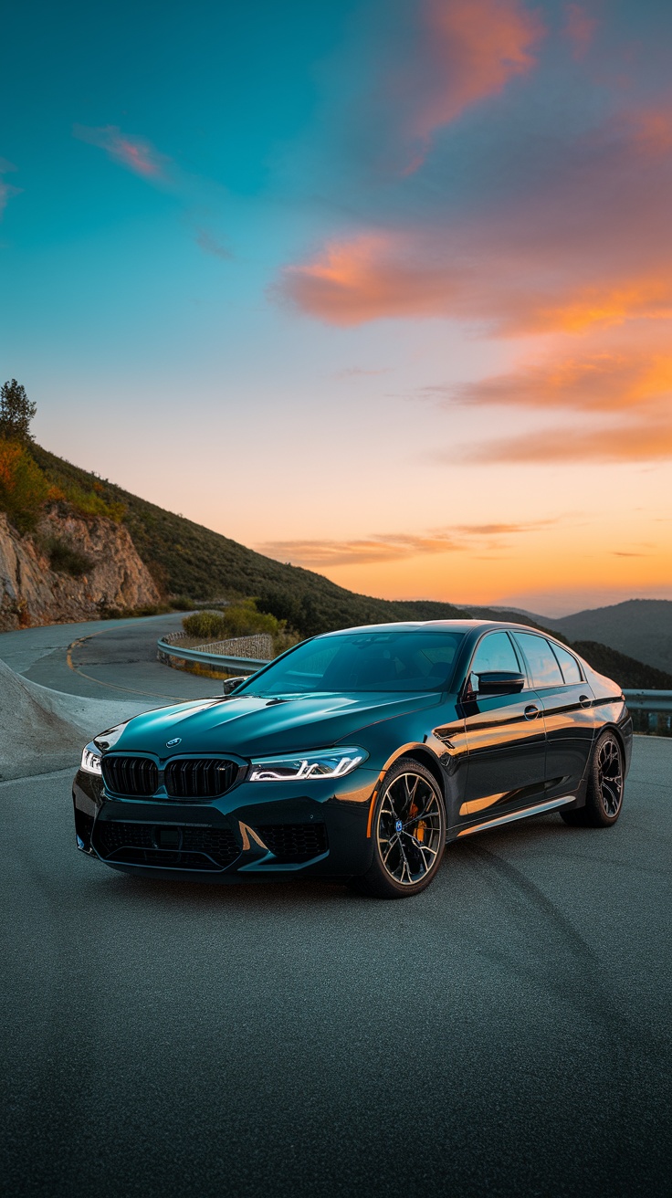BMW M5 F90 Competition parked on a scenic road