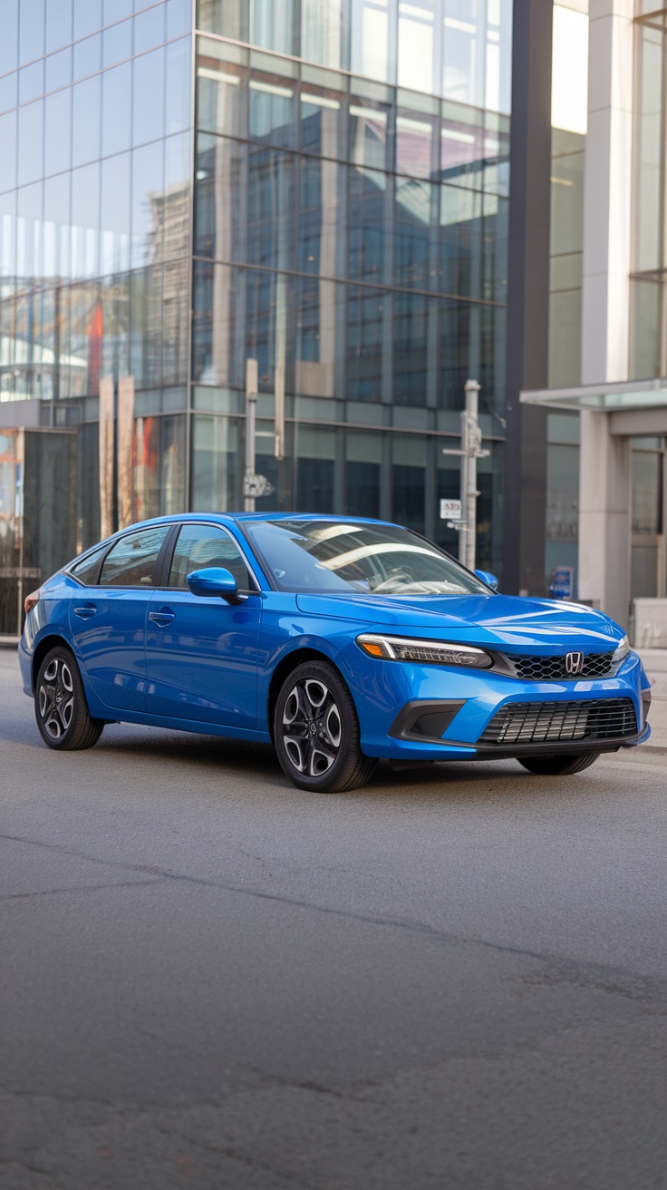 A blue Honda Civic parked in front of a modern building.