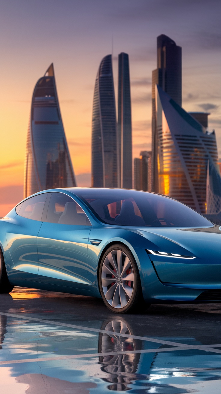 A Tesla Model S parked in a modern cityscape during sunset.